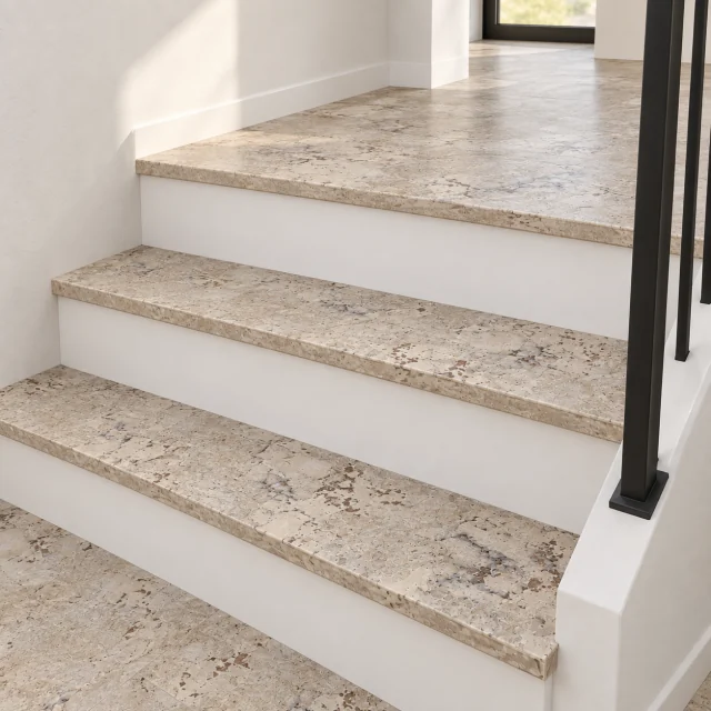Ceramic Marble stair nosing — installed view with product profile inset