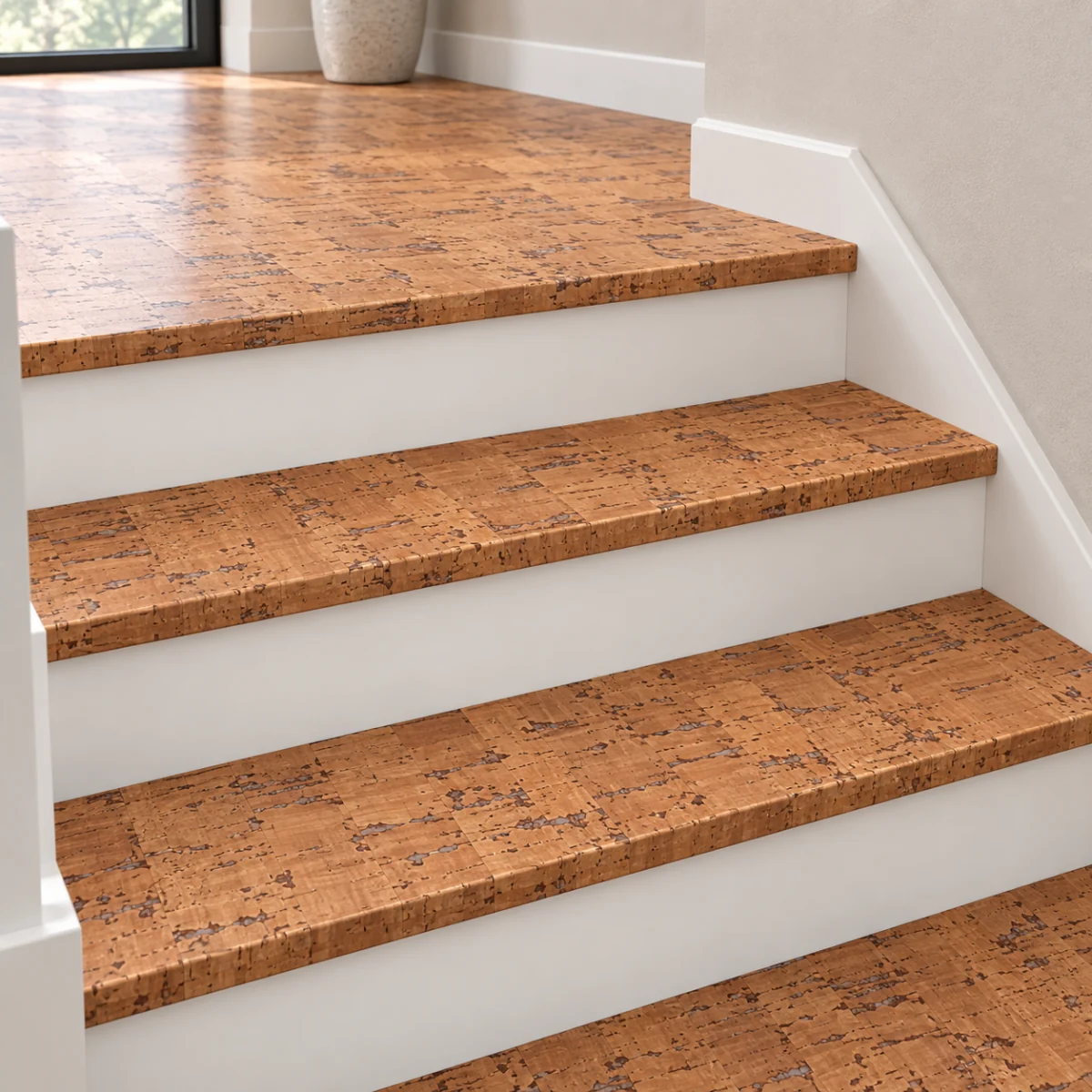 Cherry Line stair nosing — installed view with product profile inset