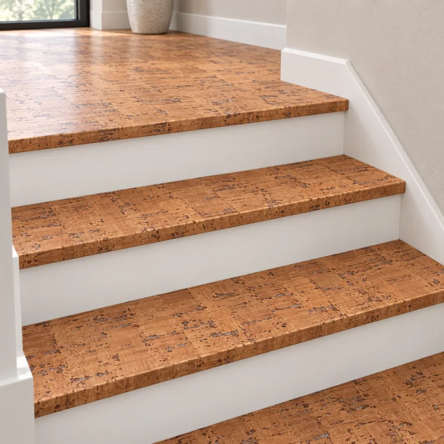Cherry Line stair nosing — installed view with product profile inset