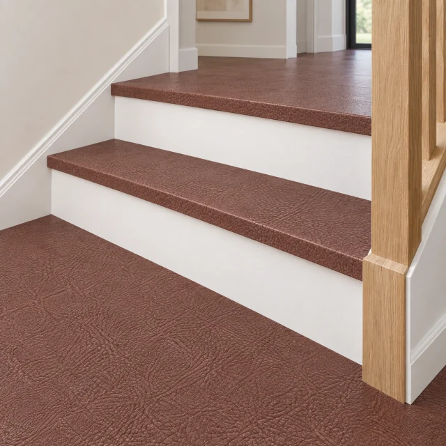 Chestnut stair nosing — installed view with product profile inset