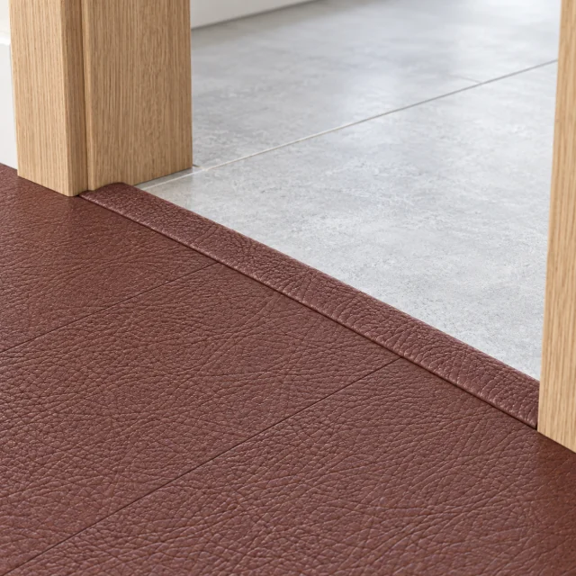 Chestnut T-molding transition — installed view with product profile inset