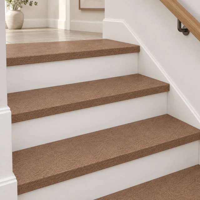 Cocoa stair nosing — installed view with product profile inset