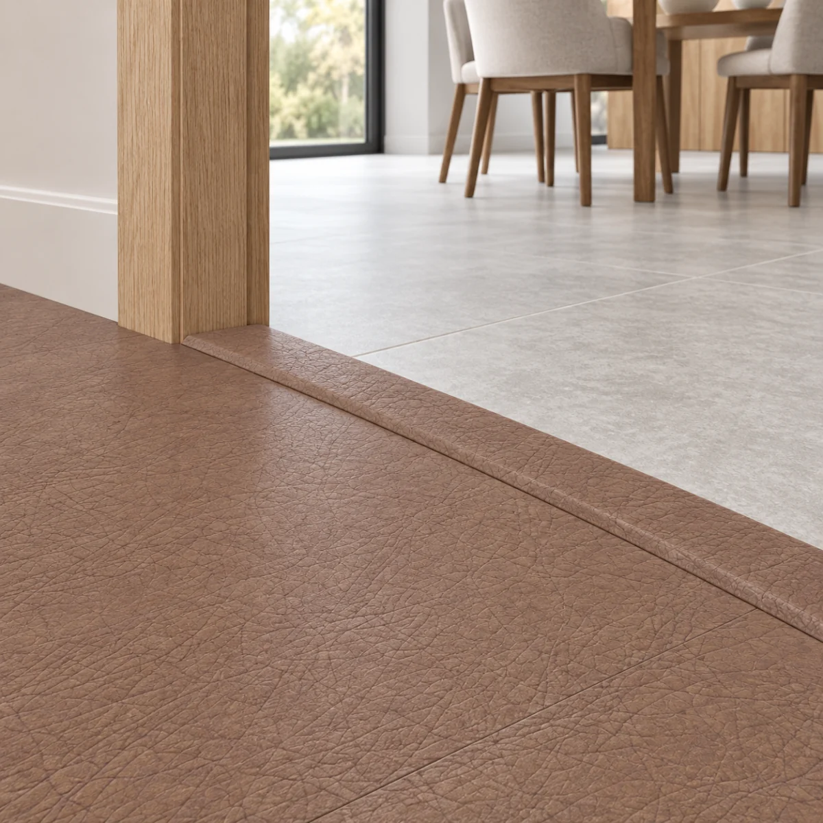 Cocoa T-molding transition — installed view with product profile inset