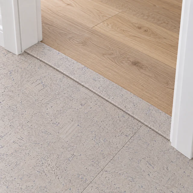 Creme Royale Marble T-molding transition — installed view with product profile inset