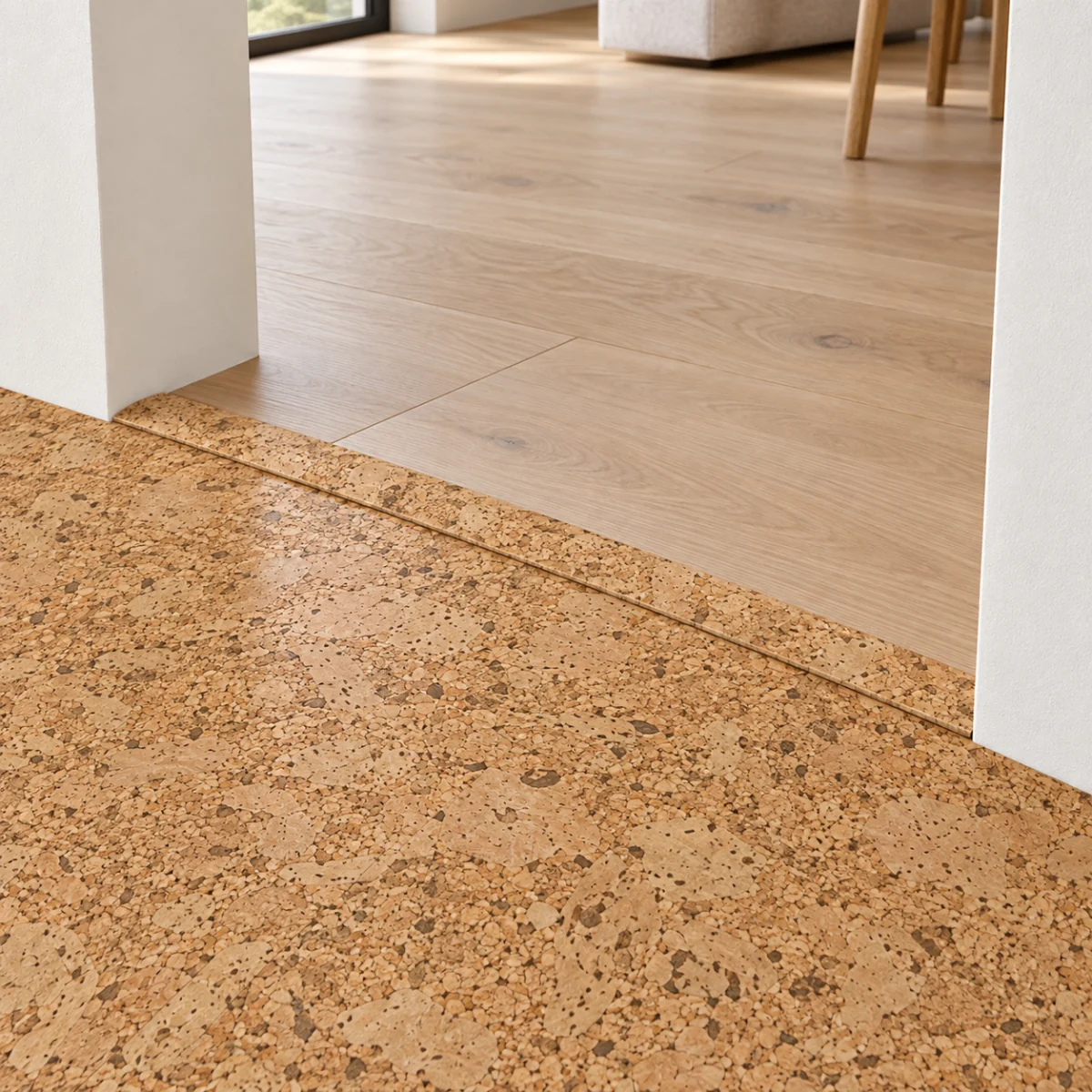 Desert Arable T-molding transition — installed view with product profile inset