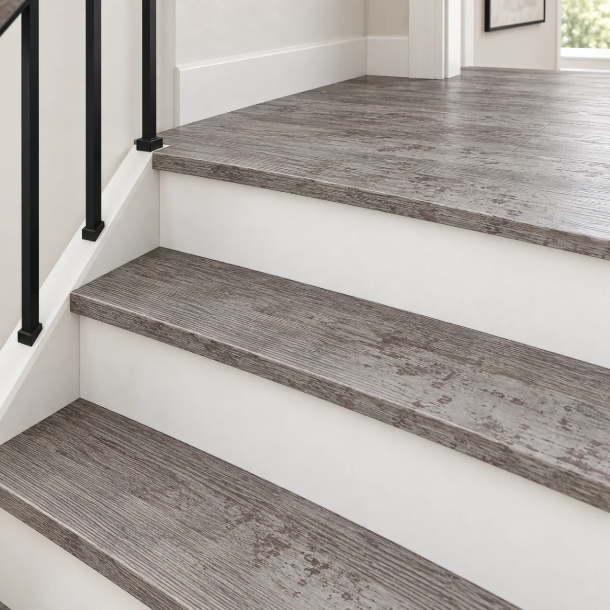 Earthy Pine stair nosing — installed view with product profile inset