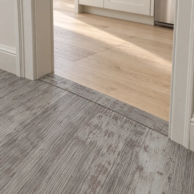 Earthy Pine T-molding transition — installed view with product profile inset