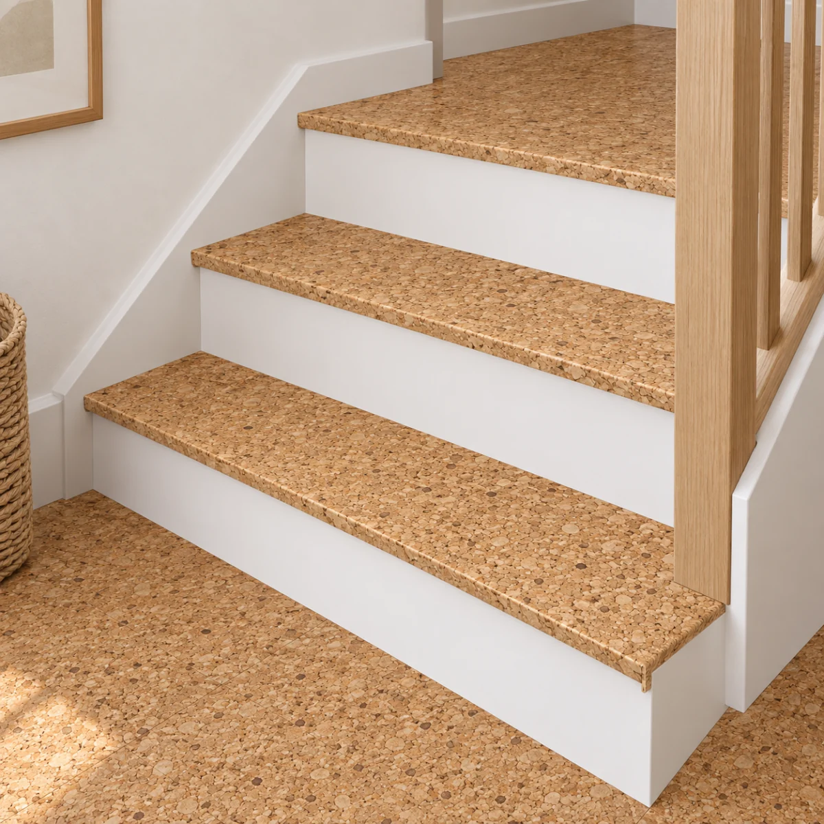 Golden Beach stair nosing — installed view with product profile inset