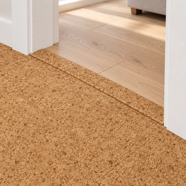 Golden Beach T-molding transition — installed view with product profile inset