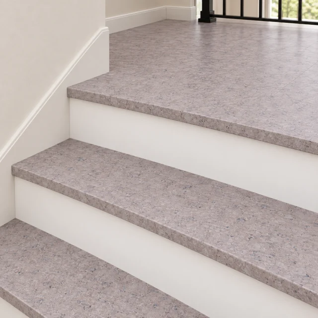Grano stair nosing — installed view with product profile inset