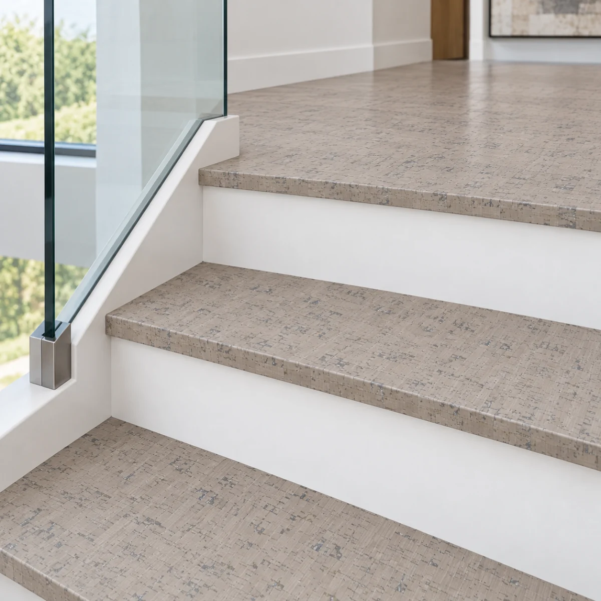 Gray Bamboo stair nosing — installed view with product profile inset