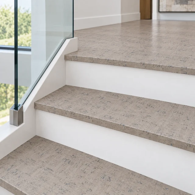 Gray Bamboo stair nosing — installed view with product profile inset