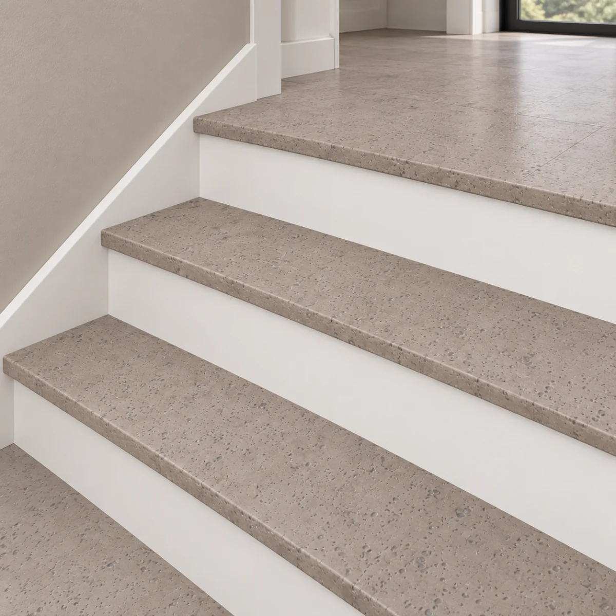 Gray Leather stair nosing — installed view with product profile inset