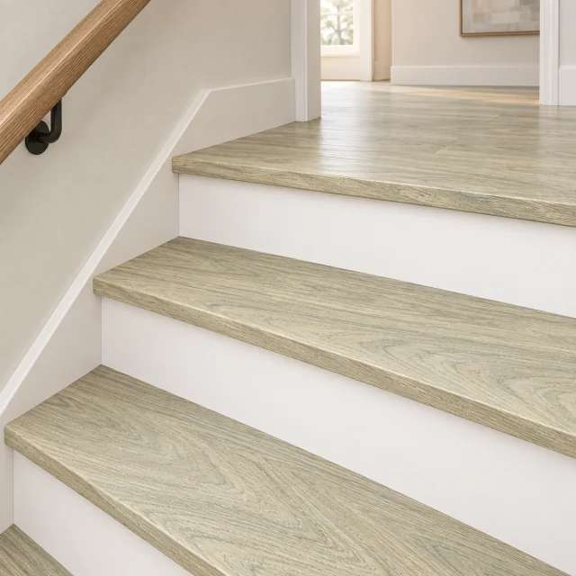 Hamilton stair nosing — installed view with product profile inset