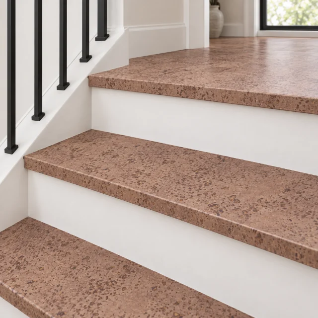 Hazel stair nosing — installed view with product profile inset