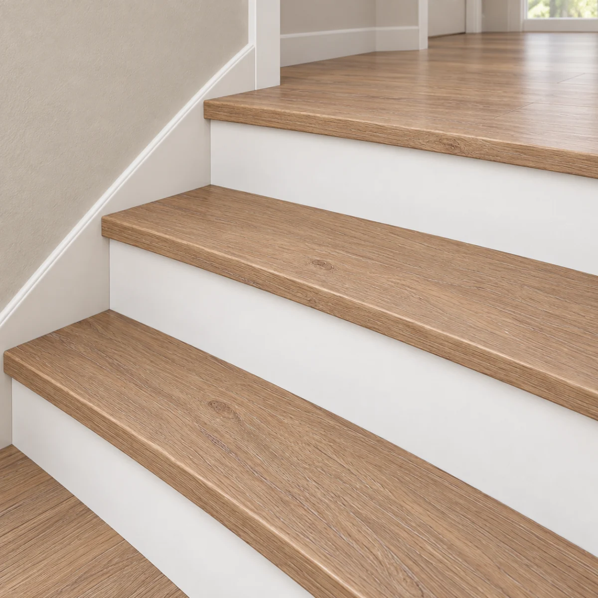 Honey Oak stair nosing — installed view with product profile inset