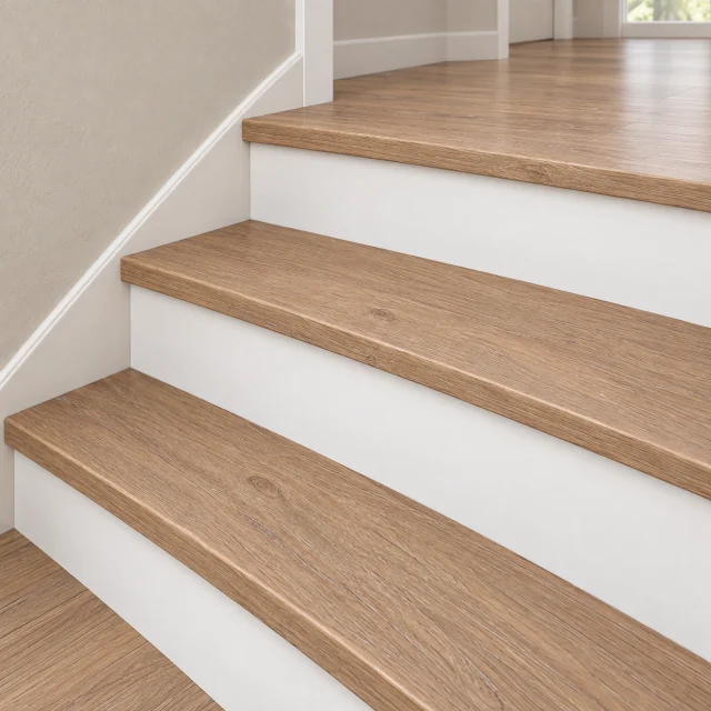Honey Oak stair nosing — installed view with product profile inset