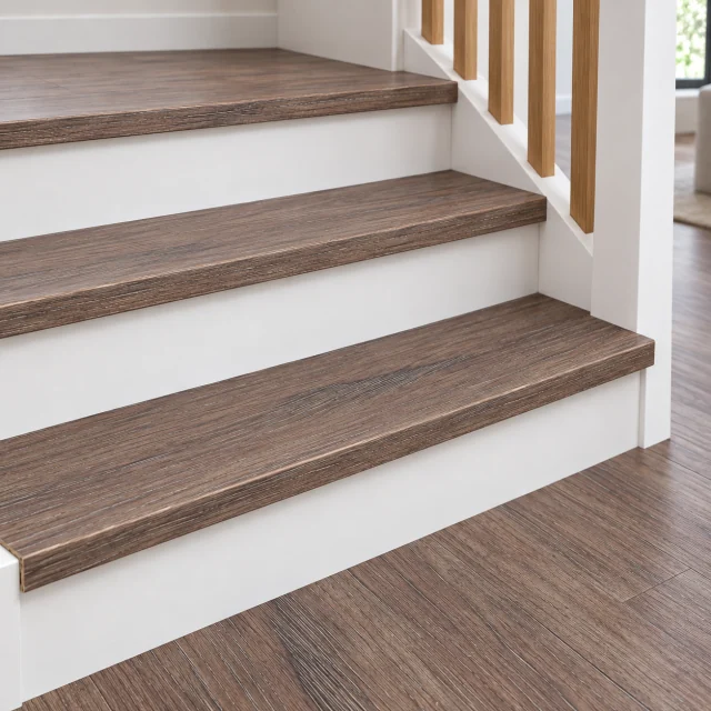 Latte stair nosing — installed view with product profile inset
