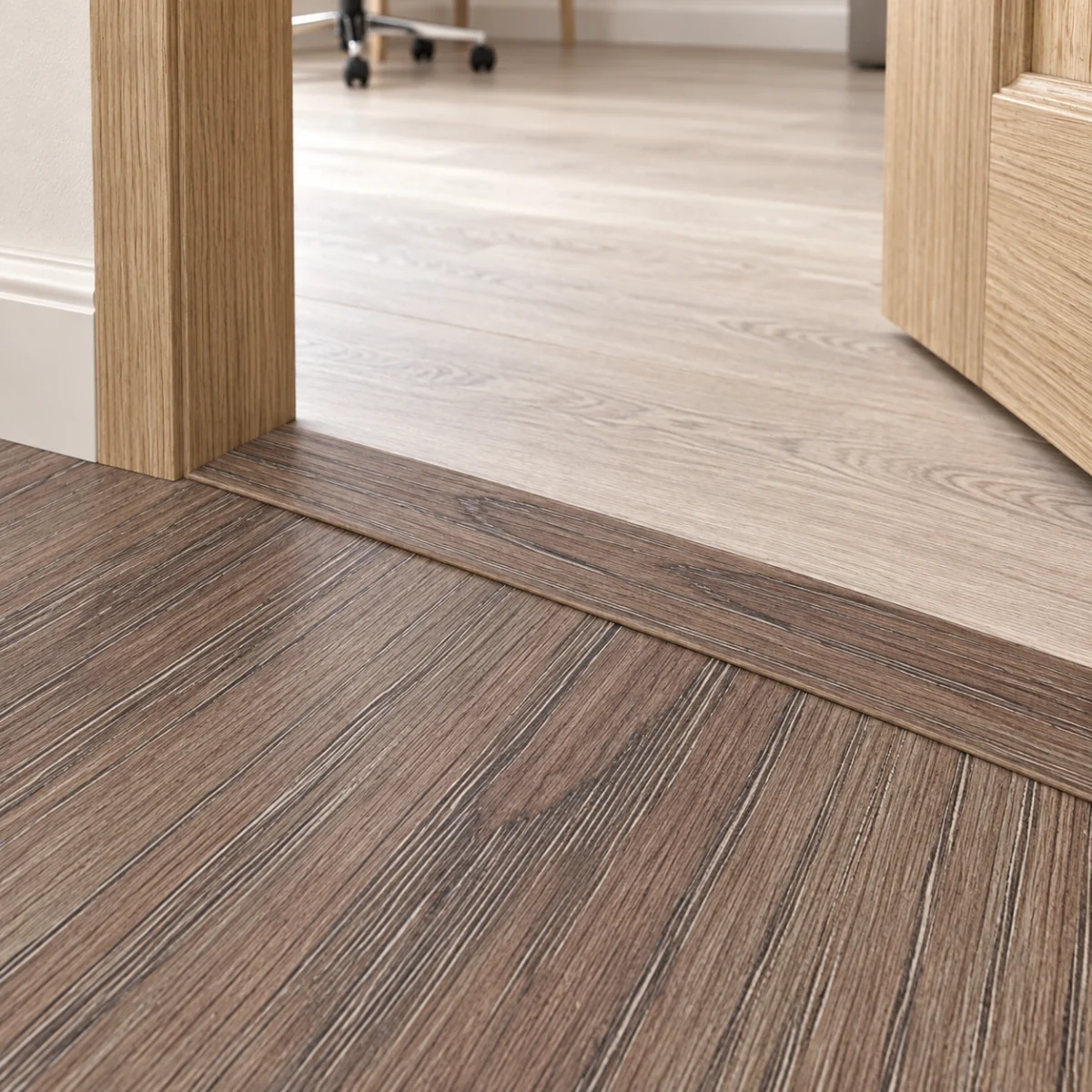 Latte T-molding transition — installed view with product profile inset