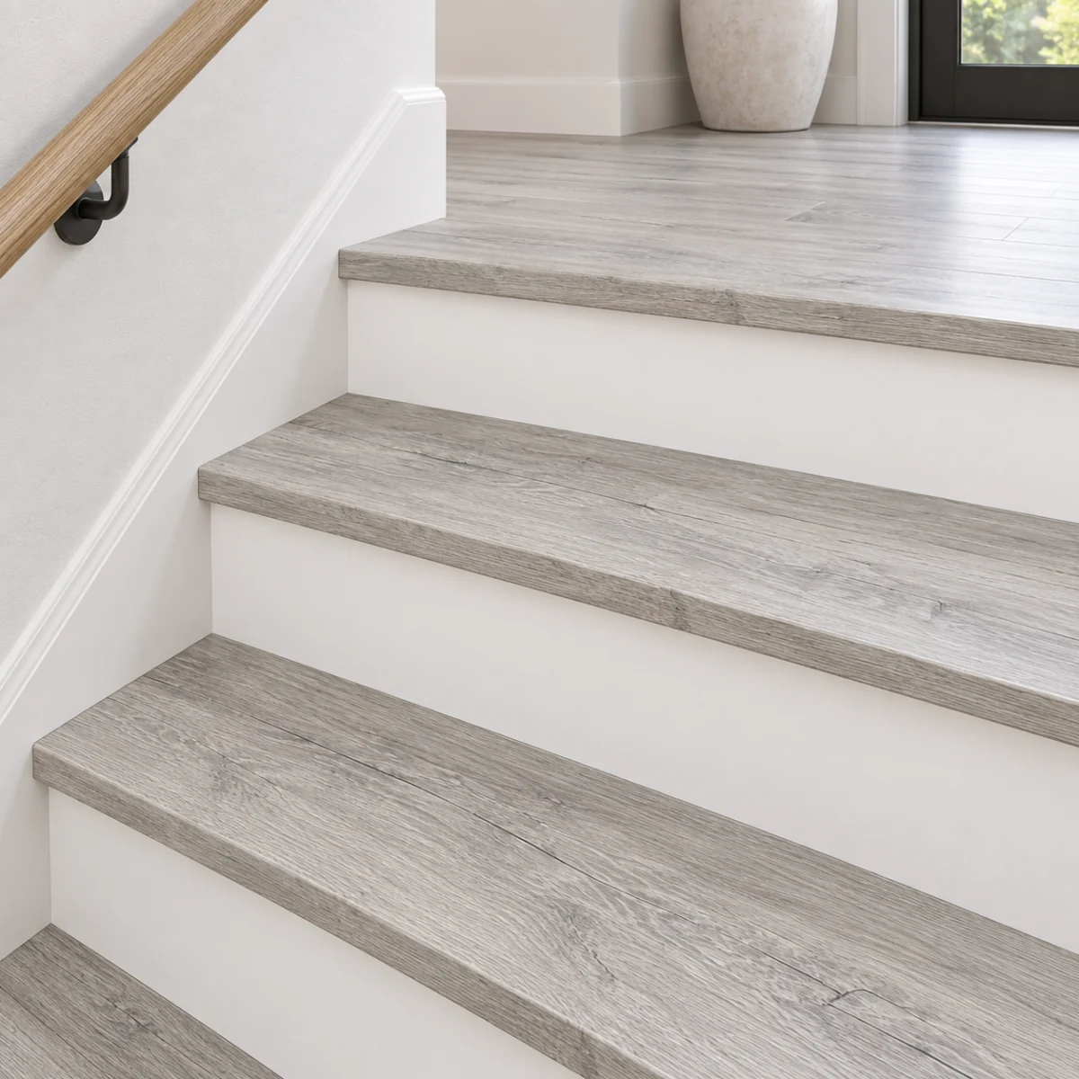 Light Grey Oak stair nosing — installed view with product profile inset