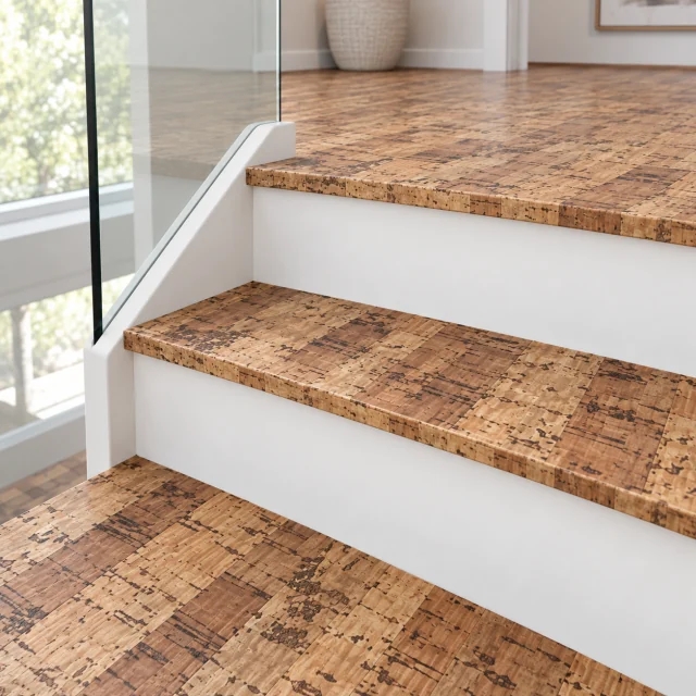 Linea Dark stair nosing — installed view with product profile inset