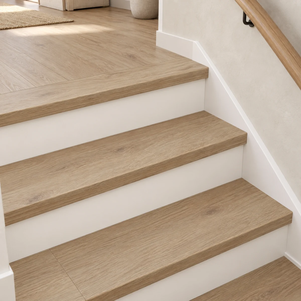 Long Beach stair nosing — installed view with product profile inset