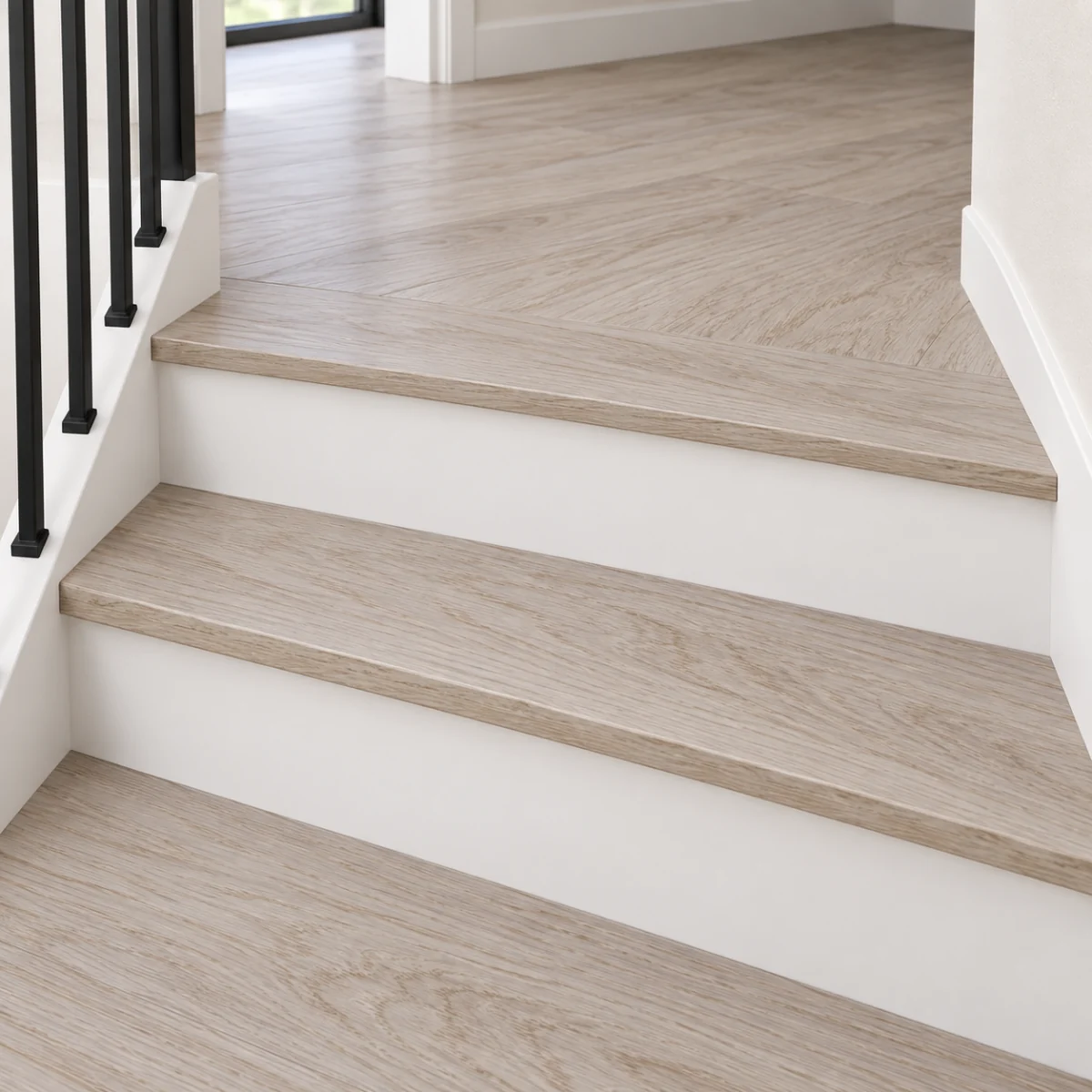 Meadow stair nosing — installed view with product profile inset