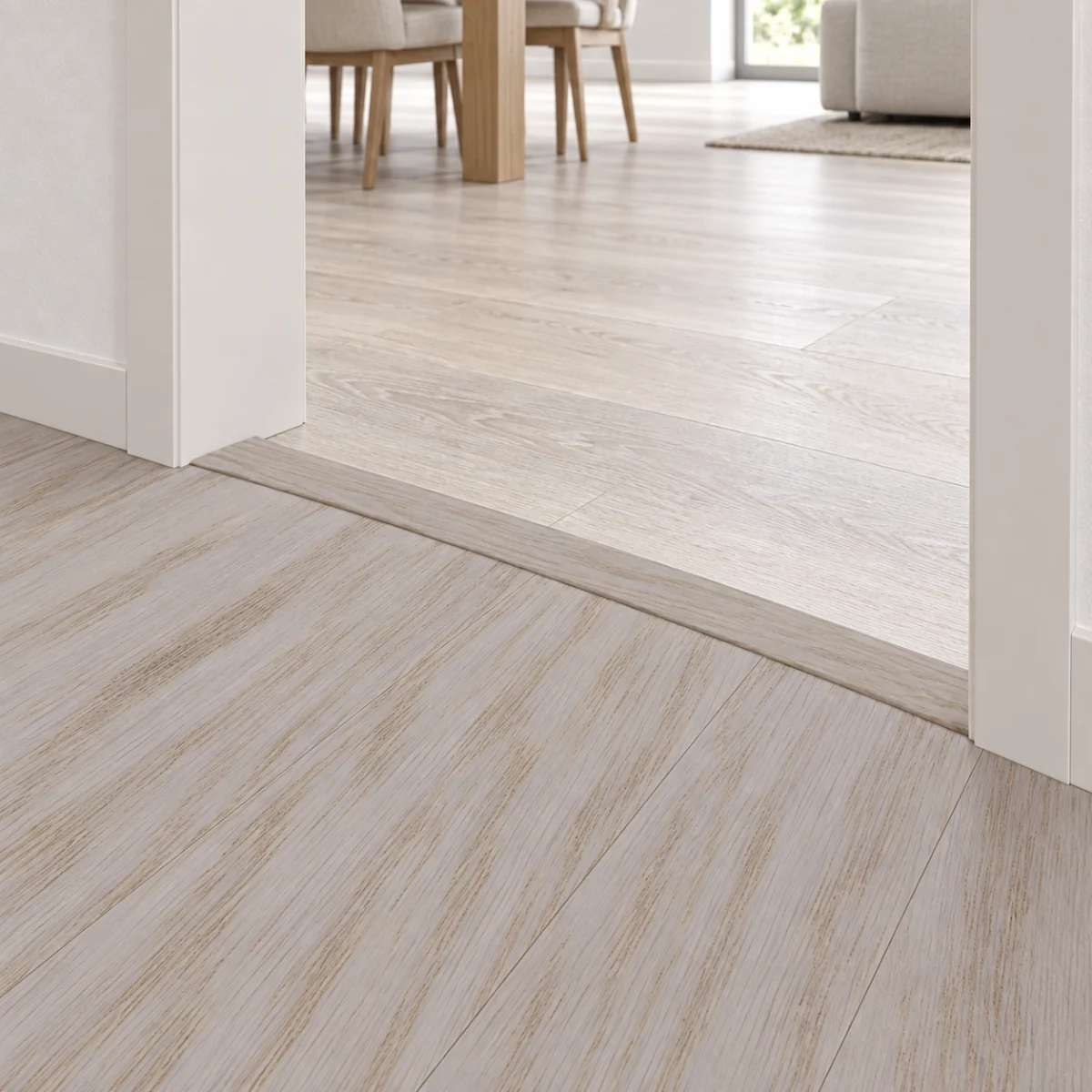 Meadow T-molding transition — installed view with product profile inset