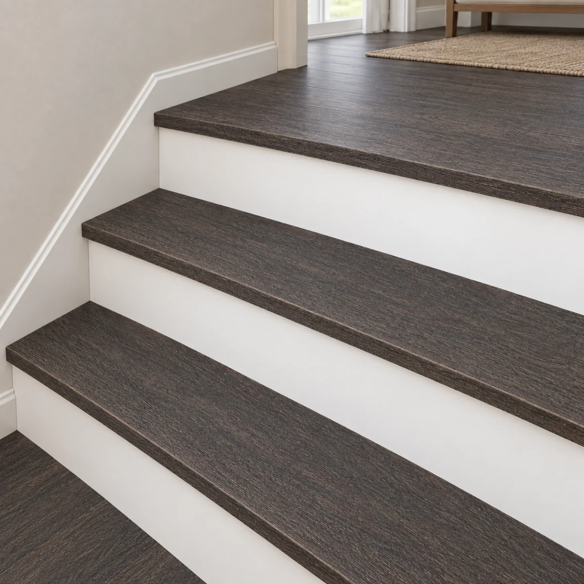 Mocha stair nosing — installed view with product profile inset