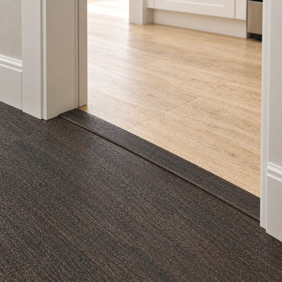 Mocha T-molding transition — installed view with product profile inset