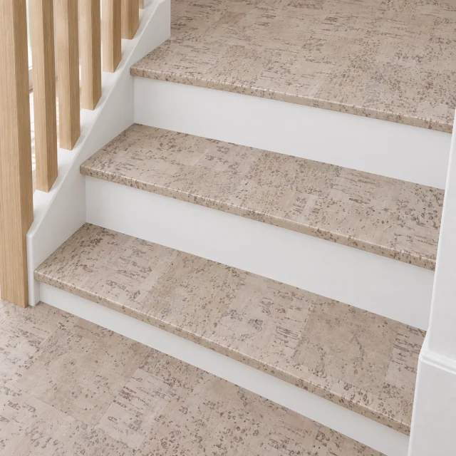 Modular stair nosing — installed view with product profile inset