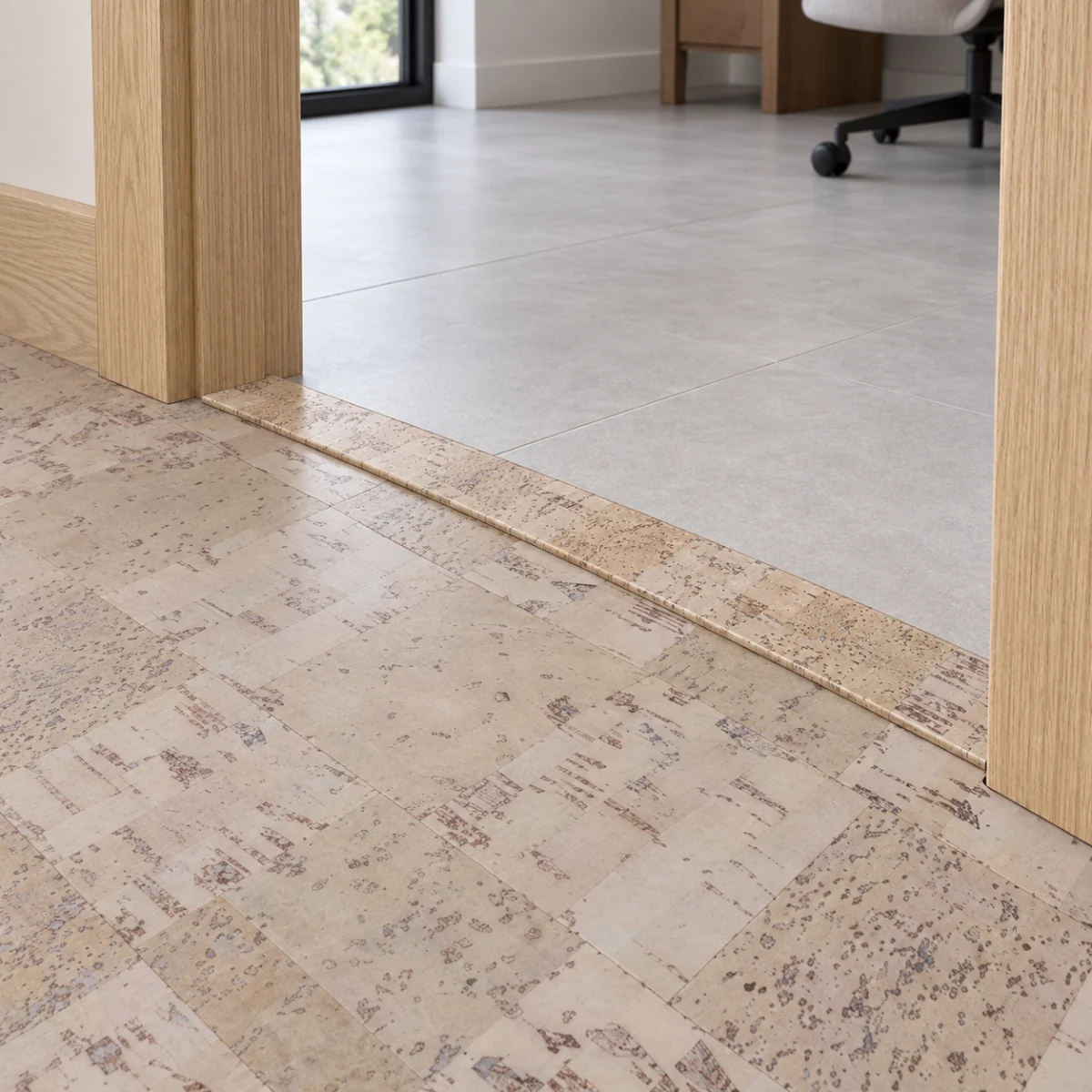 Modular T-molding transition — installed view with product profile inset