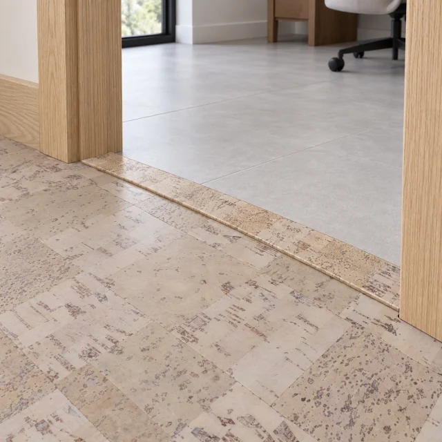 Modular T-molding transition — installed view with product profile inset