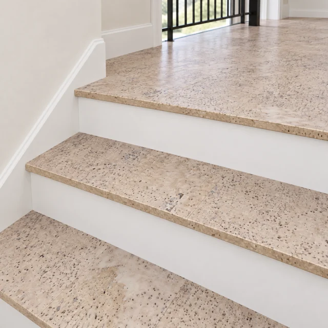 Mystic Vanilla stair nosing — installed view with product profile inset