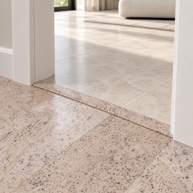 Mystic Vanilla T-molding transition — installed view with product profile inset