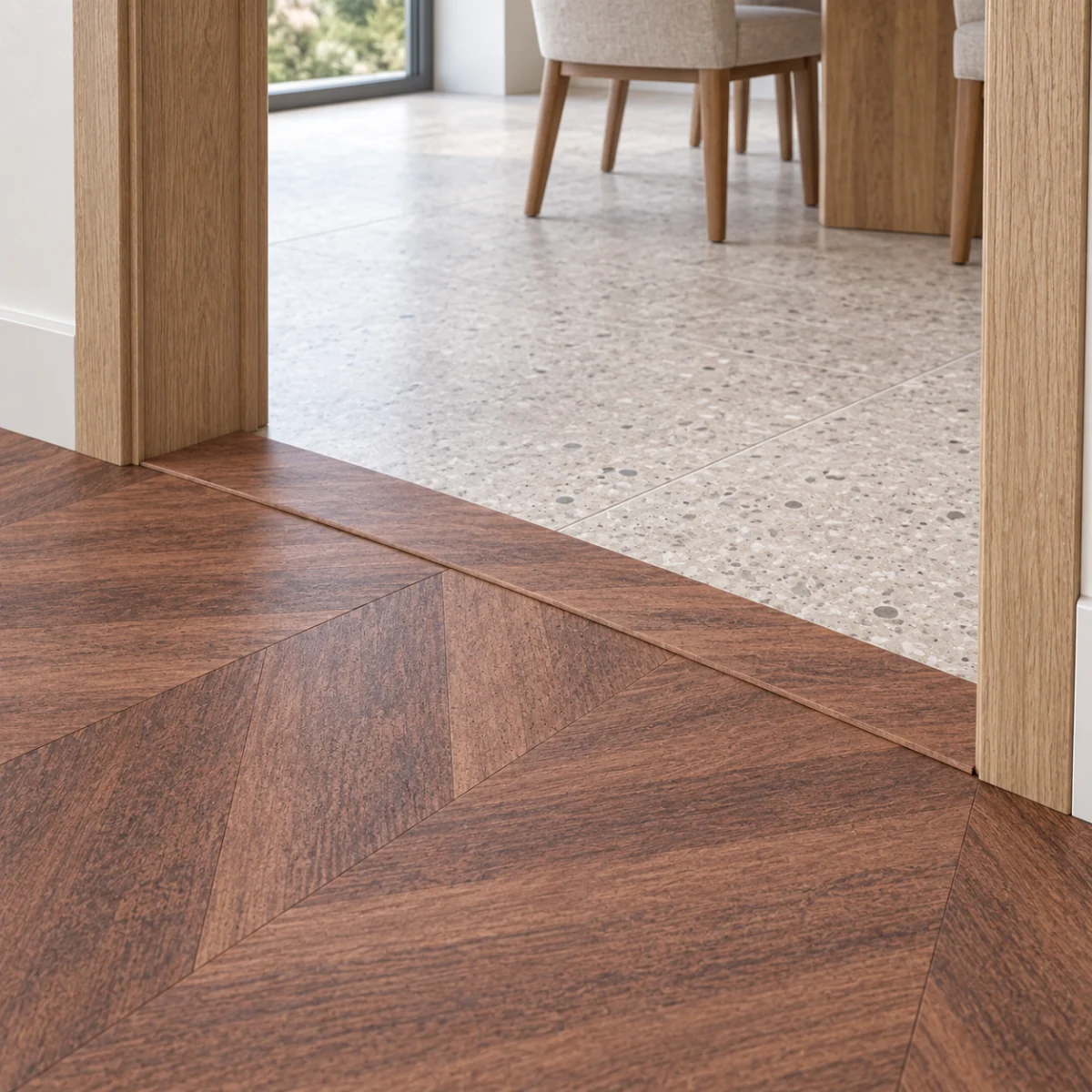 Noble Chevron T-molding transition — installed view with product profile inset