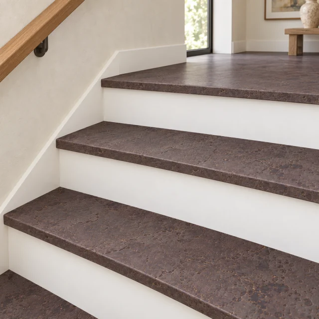 Onyx stair nosing — installed view with product profile inset