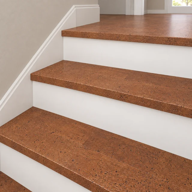 Parkland stair nosing — installed view with product profile inset