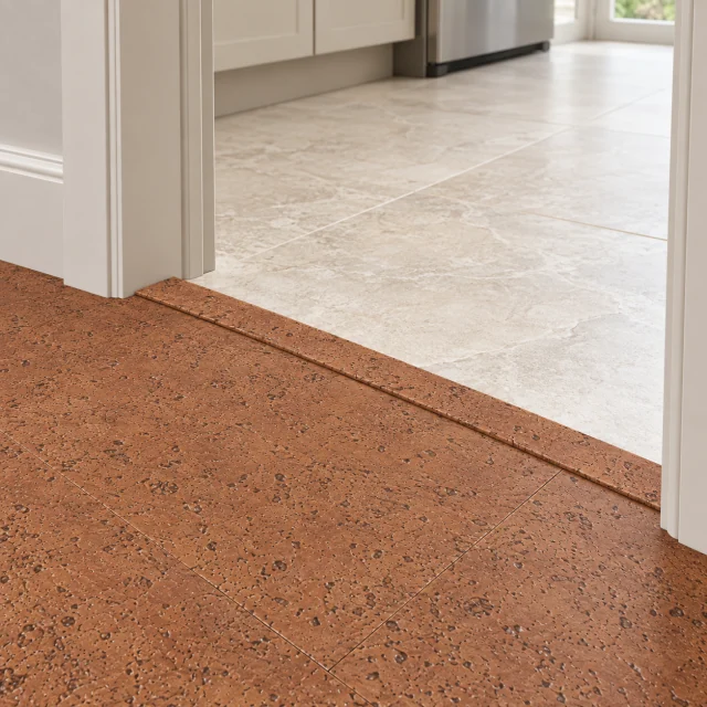 Parkland T-molding transition — installed view with product profile inset