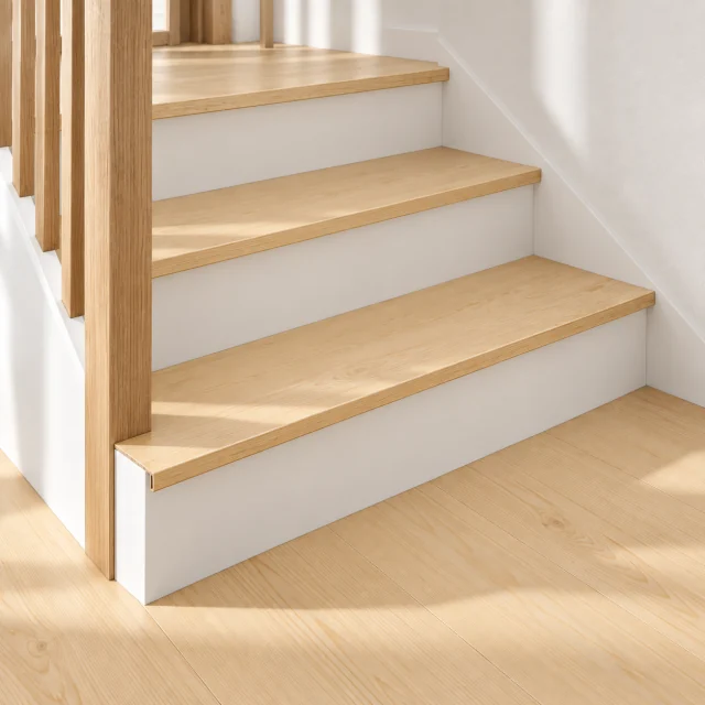 Pinewood stair nosing — installed view with product profile inset