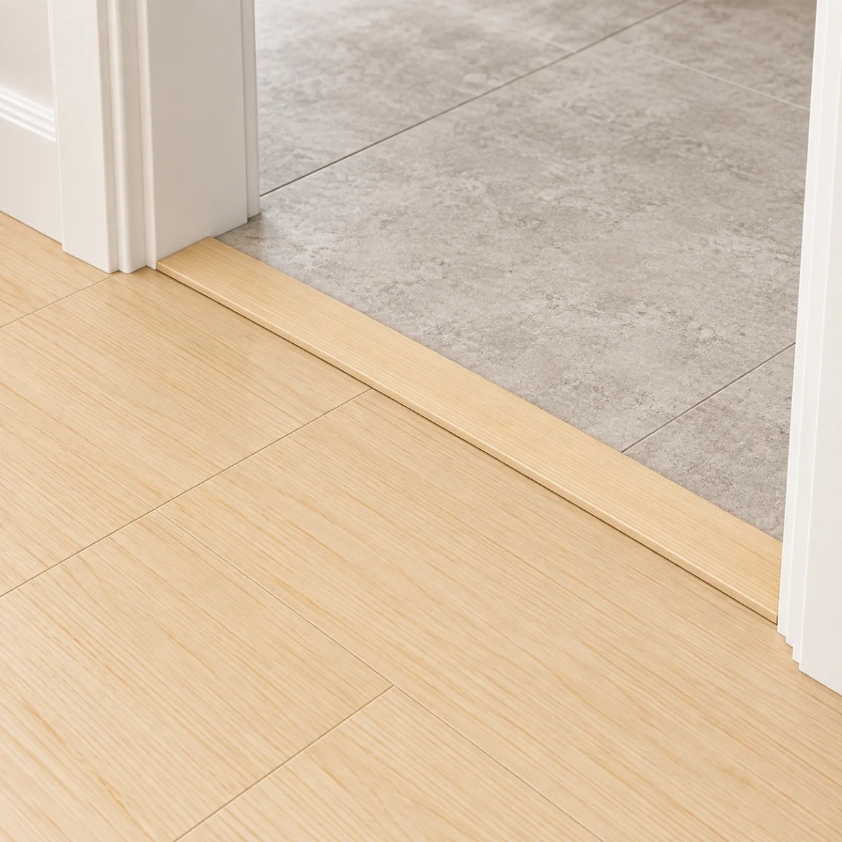Pinewood T-molding transition — installed view with product profile inset