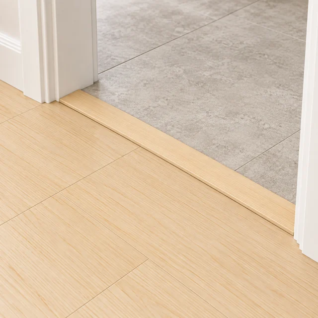 Pinewood T-molding transition — installed view with product profile inset