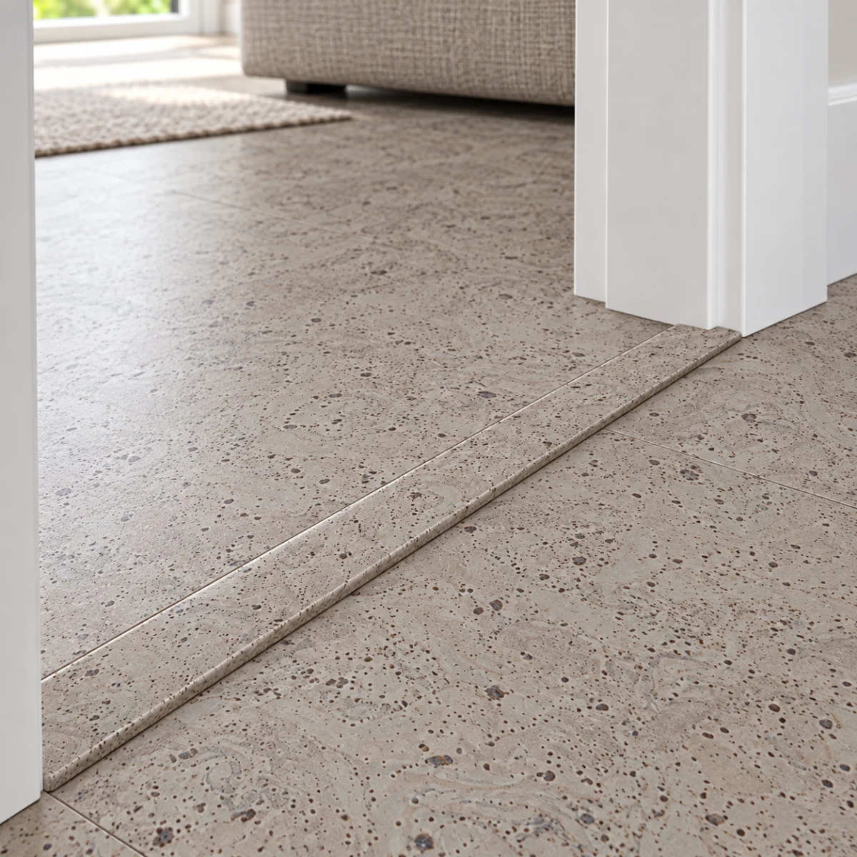 Porto Mist T-molding transition — installed view with product profile inset