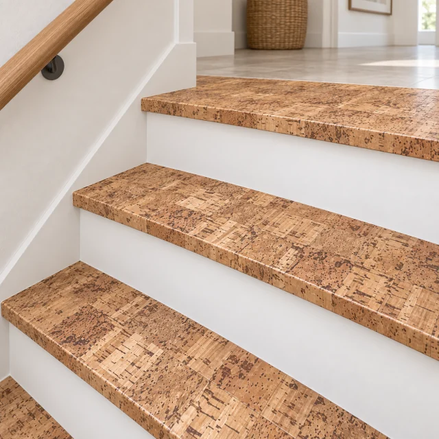 Quadro B stair nosing — installed view with product profile inset
