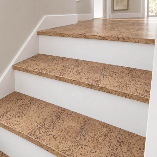 Rhythm stair nosing — installed view with product profile inset