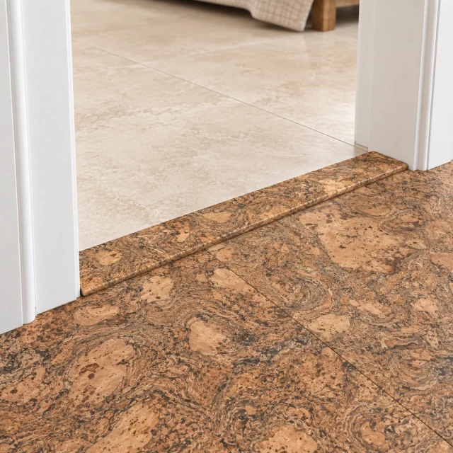 Rococo T-molding transition — installed view with product profile inset