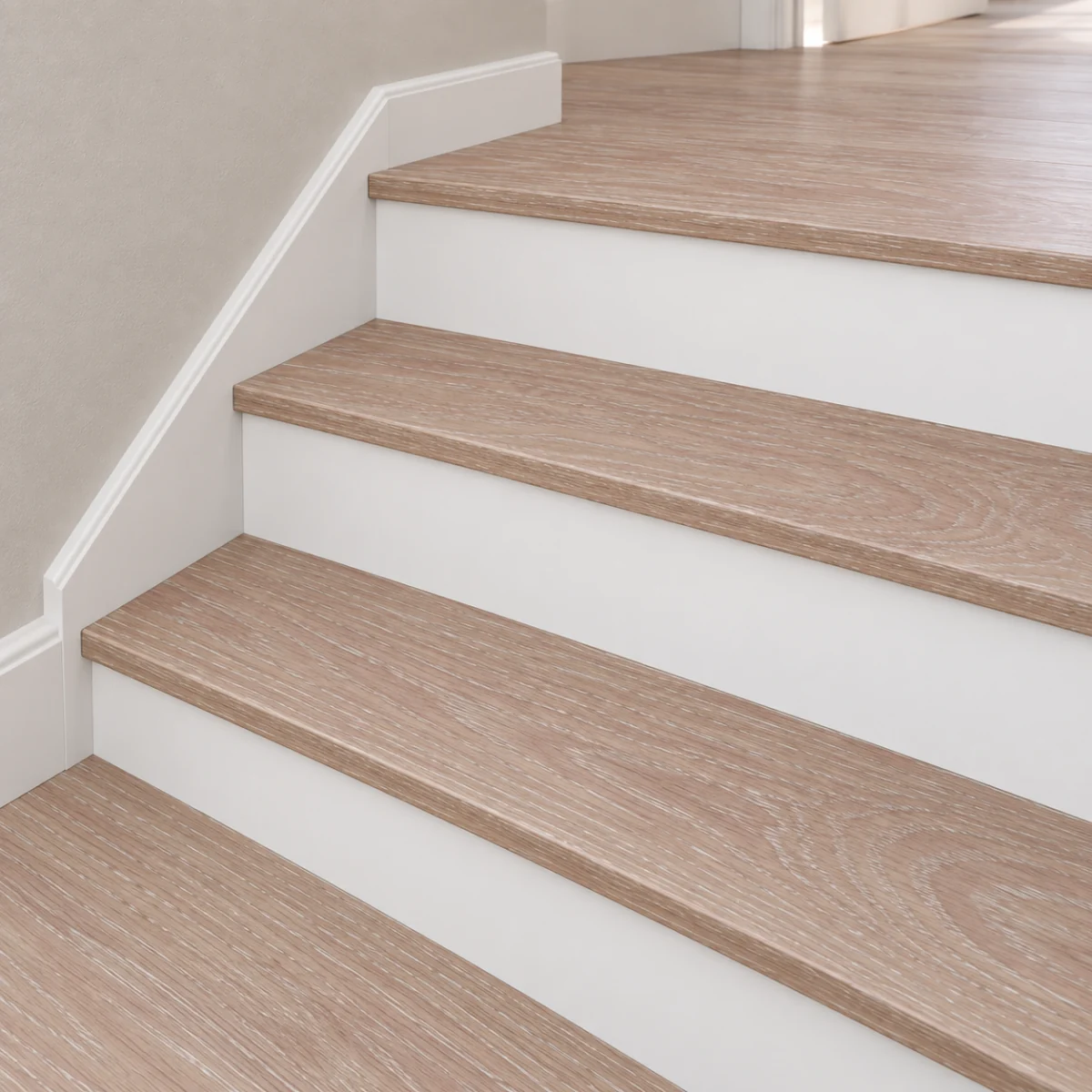 Sandstorm stair nosing — installed view with product profile inset