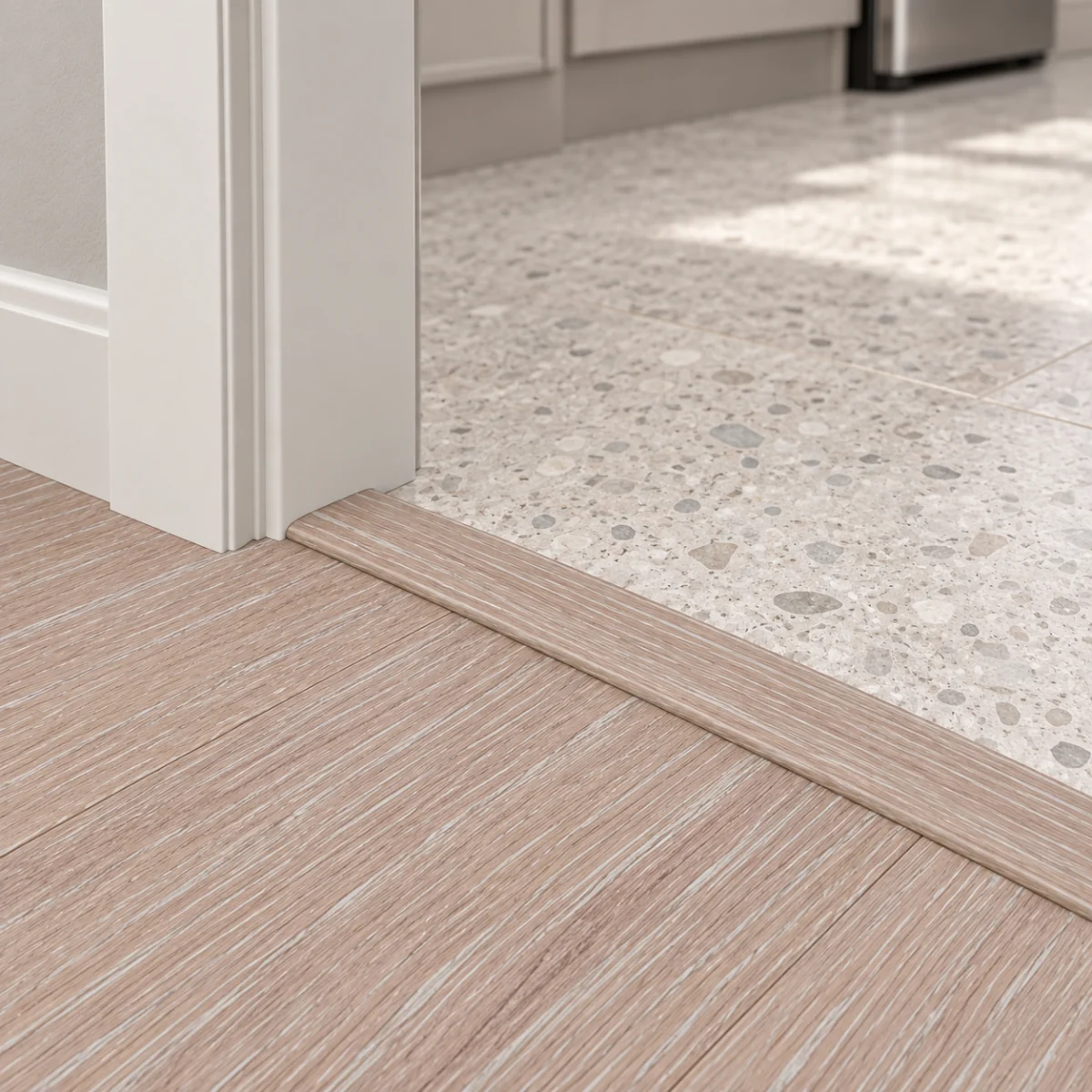 Sandstorm T-molding transition — installed view with product profile inset