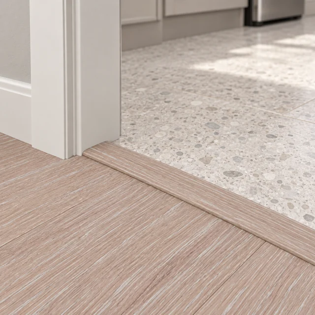 Sandstorm T-molding transition — installed view with product profile inset