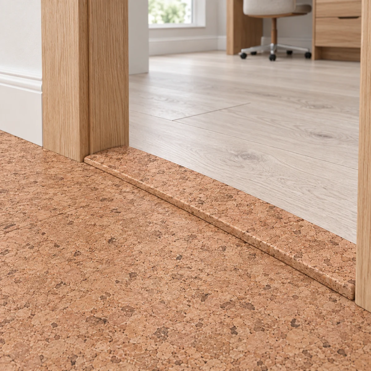 Seaside T-molding transition — installed view with product profile inset